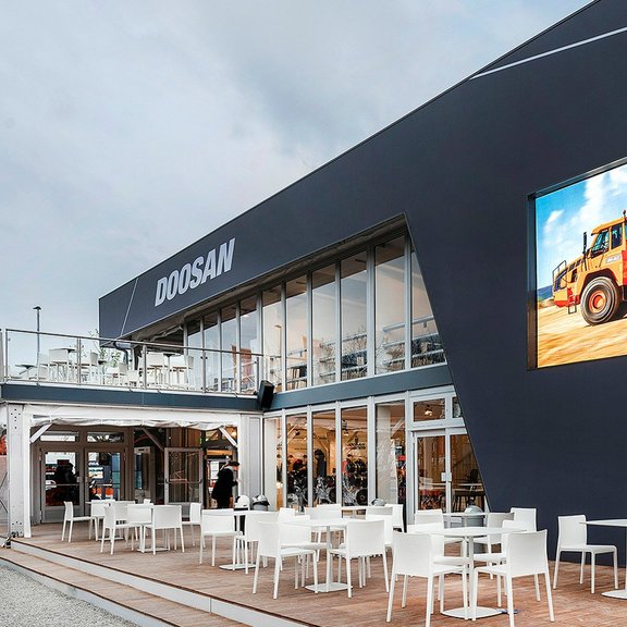 Exterior view of the Doosan Showroom - Roder Marquees at Bauma Munich