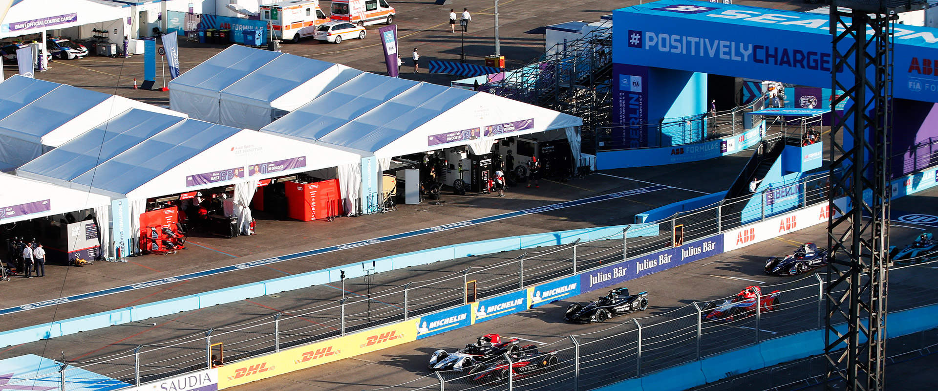 View of the pit lane with tent constructions by röder of the pits during Formula e in Berlin