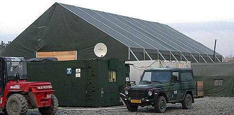 Exterior view of a storage tent for national defence forces